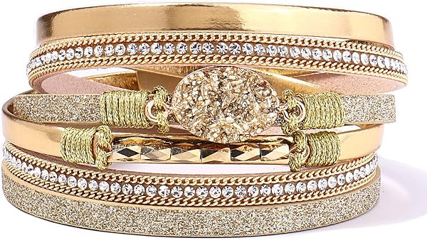 Boho Leather Wrap Bracelet Stackable Chunky Crystal Cuff Bracelets Western Jewelry Summer Beach O... | Amazon (US)
