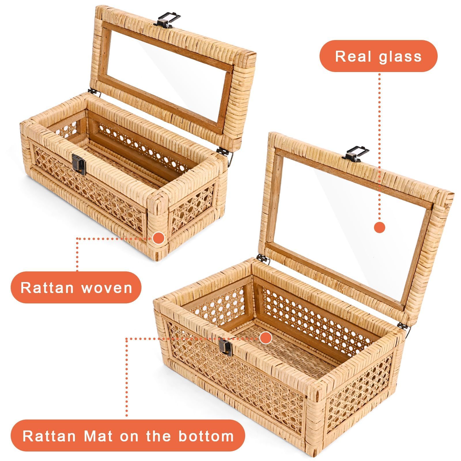 Rattan Decorative Box with Lid, Rectangular Woven with Glass for Display, Set of 2 Wicker for Dec... | Amazon (US)