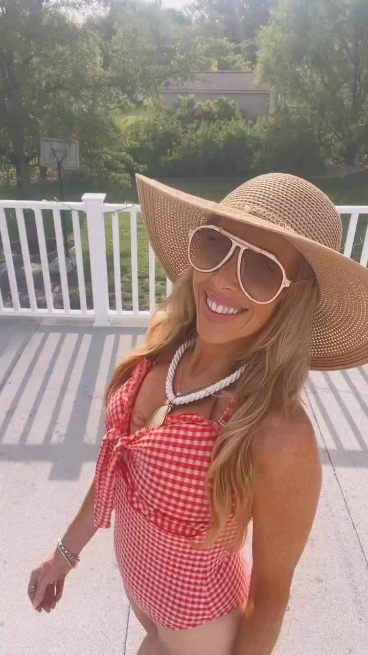 Pretty gingham ruffle swim suit and crochet beach cover up 🌸🌸