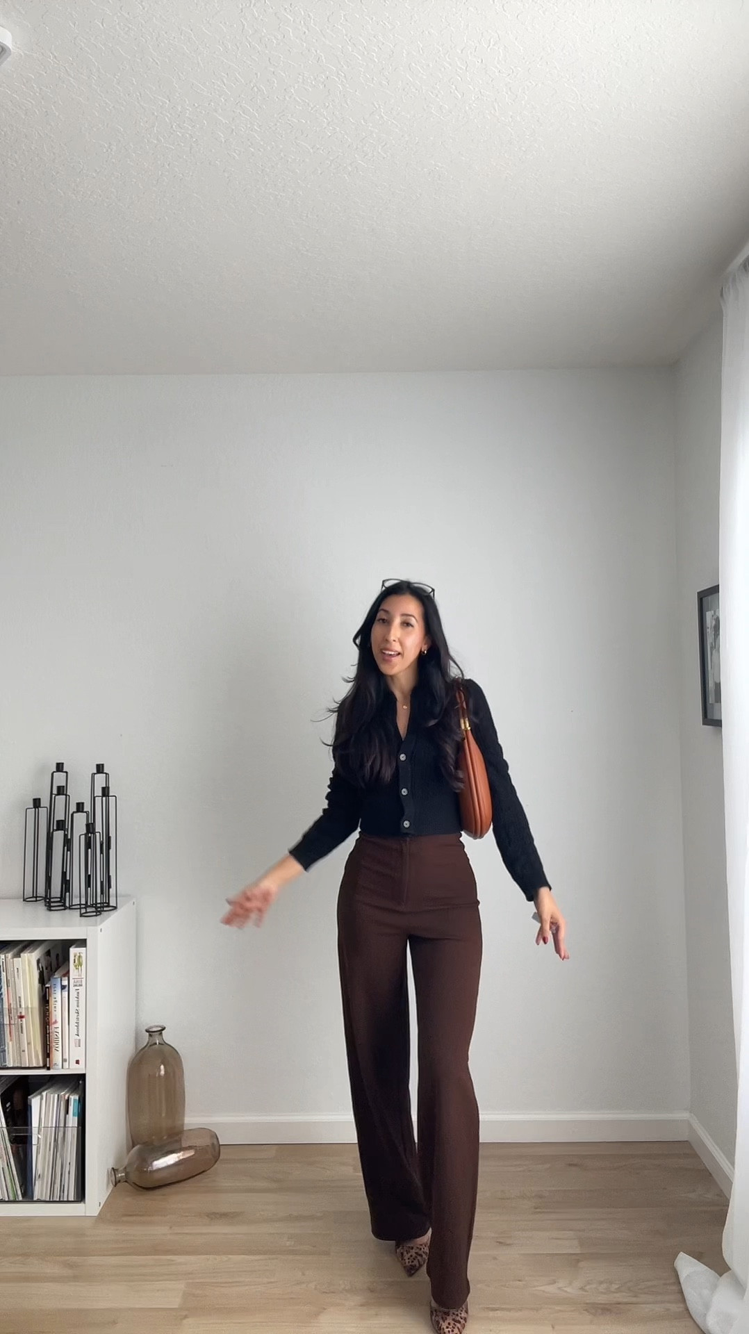 Cardigan and trousers are the perfect combo for the office! I think these MESHKI pants are sold out but I just linked alternatives | petite mom with a passion for sharing beauty, fashion, & home inspo | Follow @jully.gabriely on Instagram #momstyle #minimalistic #styleinspo #LTKMostLoved 

#LTKVideo #LTKU #LTKWorkwear