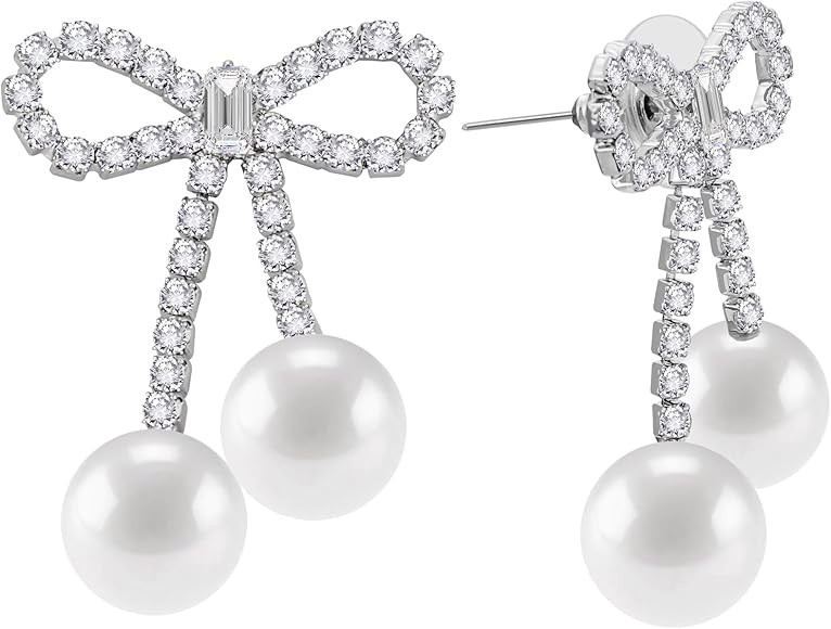 Rhinestones Bow Drop Pearl Earrings for Women Girls Cute Pearl Dangle Long Tassel Bow Silver Earr... | Amazon (US)
