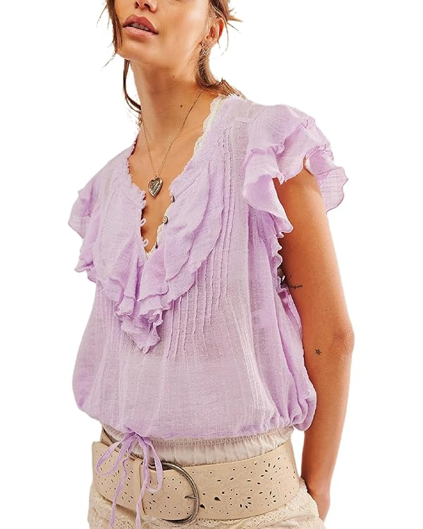 Women Summer Cute Button Shirt Y2K Low Cut V-Neck Short Sleeve Ruffle Trim Blouse Top Y2K Going O... | Amazon (US)