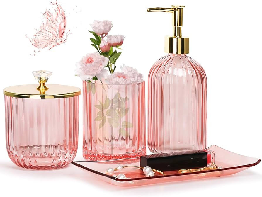 Jenseits Pink Bathroom Accessories Set, 4 Pcs Glass Bathroom Accessory Sets, Soap Dispenser, Toot... | Amazon (US)