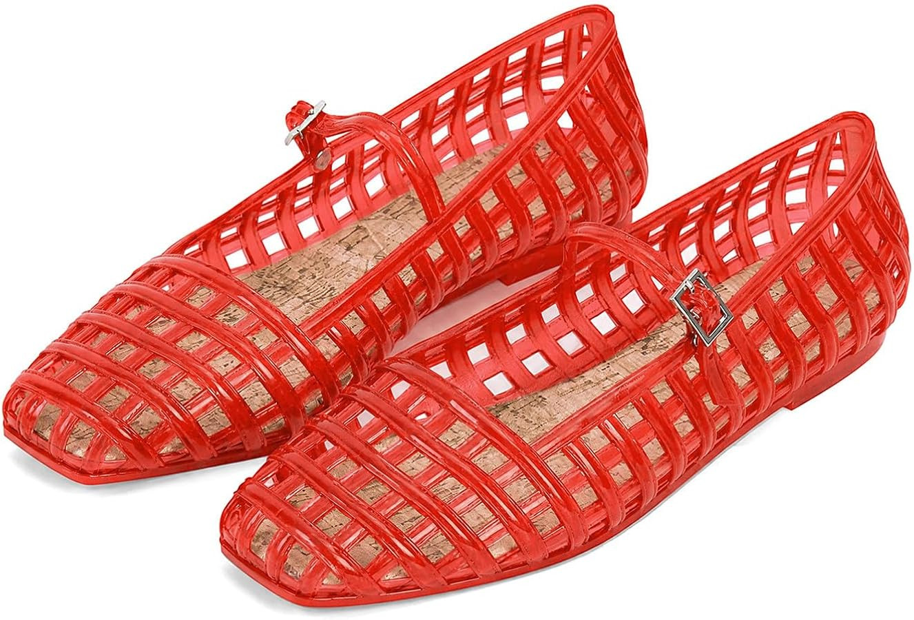 Jelly Mesh Ballet Flats for Women Hollow Square Toe Jelly Sandals Beach Ballerina Flats Summer Cu... | Amazon (US)