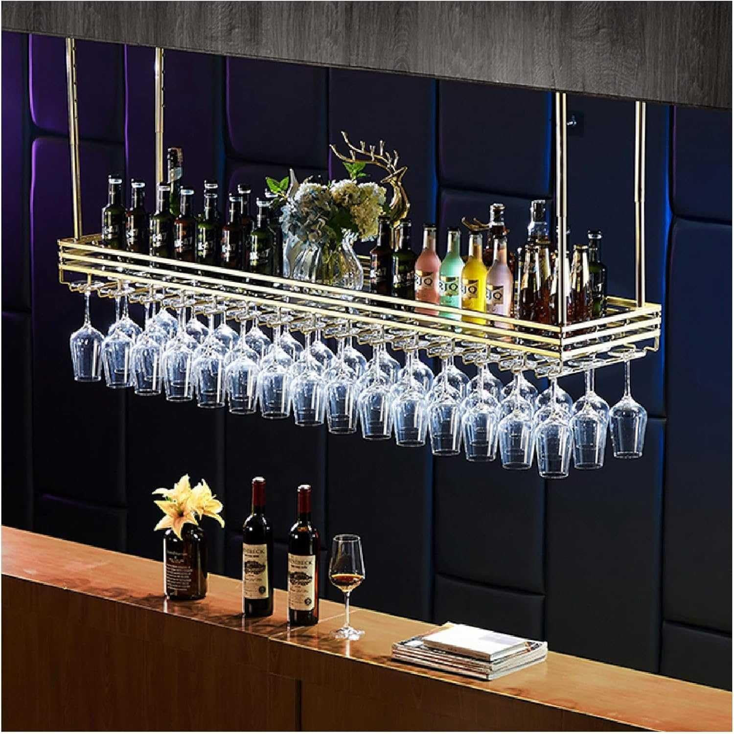 Industrial Hanging Wine Bottle Rack with Shelves Adjustable Metal Ceiling Bar Wine Glass Rack - W... | Amazon (US)
