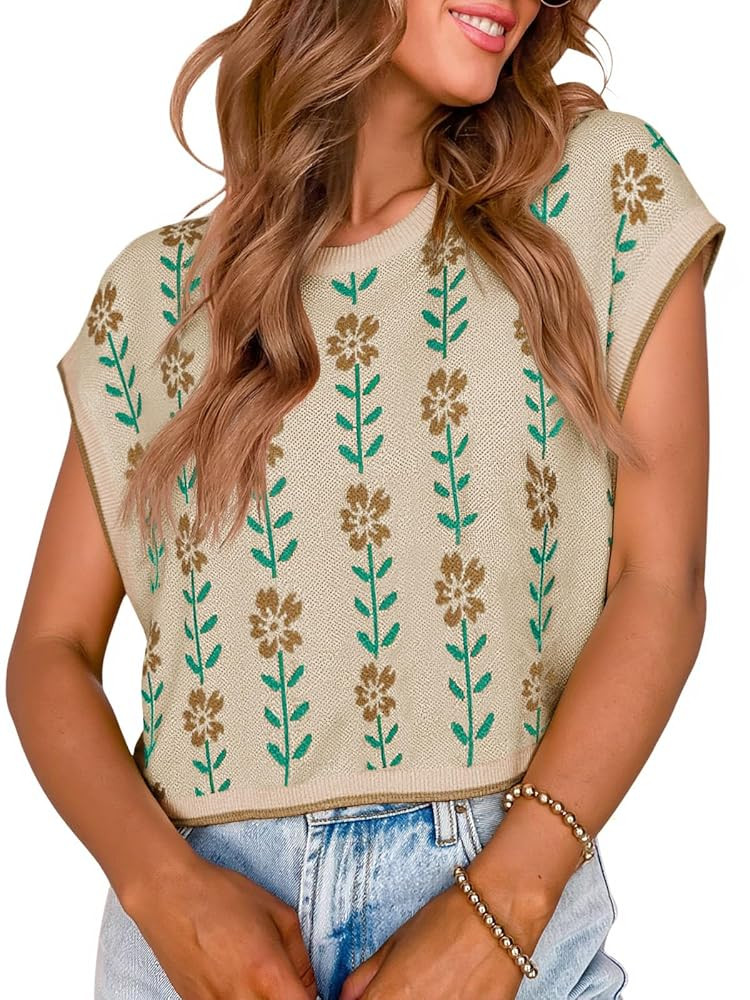 Saodimallsu Womens Cap Sleeve Crop Tops Summer Color Block Going Out Crew Neck Knit Trendy Casual... | Amazon (US)