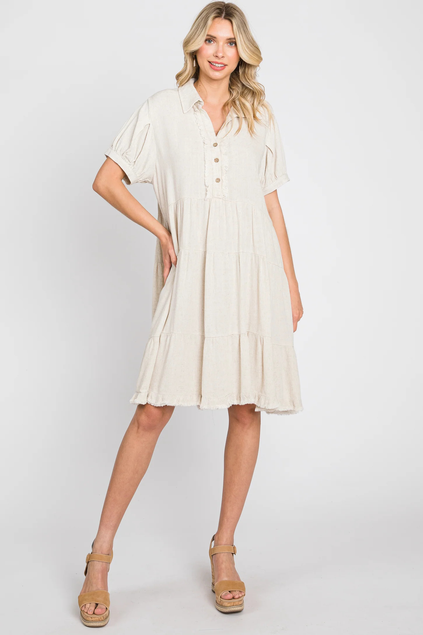 Cream Tiered Collared Linen Dress | PinkBlush Maternity