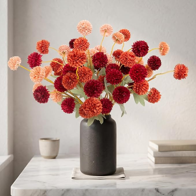 Hananona 12 Pcs Artificial Chrysanthemum Flowers, Orange Kiku Pom Pom Mums Flower Faux Fall Flora... | Amazon (US)