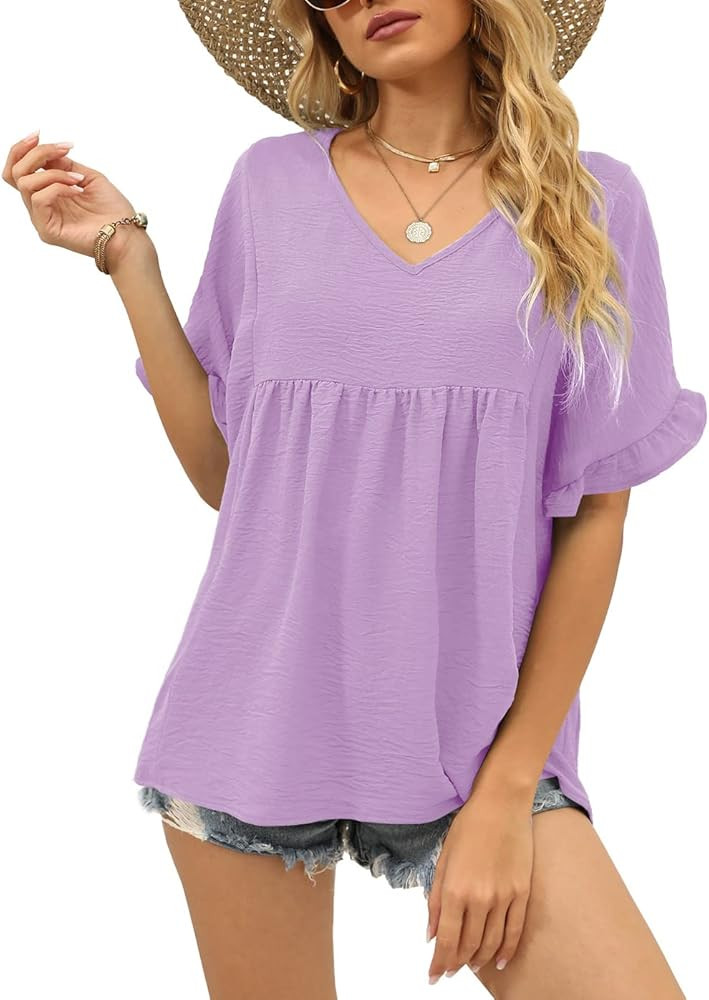 WIHOLL Womens Tops Casual V Neck Ruffle Sleeve T Shirts Babydoll Loose Fit Peplum Tops | Amazon (US)