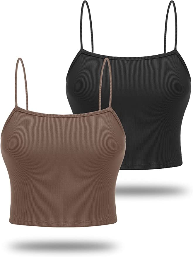 Ekouaer Women's 2pcs Crop Camisole Top Spaghetti Strap Tank Top Sleeveless Basic Cami Shirts | Amazon (US)