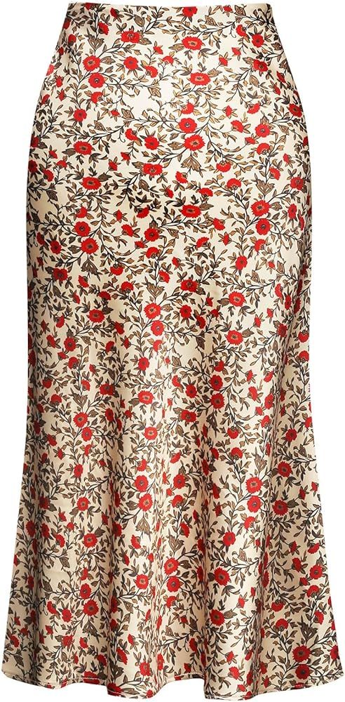 Leopard Skirt for Women Midi Length High Waist Silk Satin Elasticized Cheetah Skirts | Amazon (US)