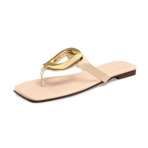 StillFancxy Gold Buckle Flat Sandals for Women Square Toe Dressy Flip Flops Trendy Thong Sandals Slide Sandals | Amazon (US)