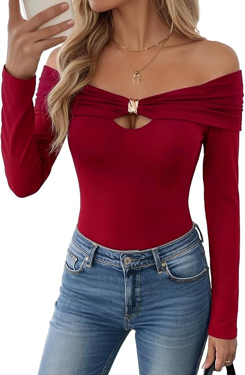 Pink Queen Women Fall Going Out Tops Off Shoulder Long Sleeve Sexy Slim Fitted Shirt Dressy Casua... | Amazon (US)