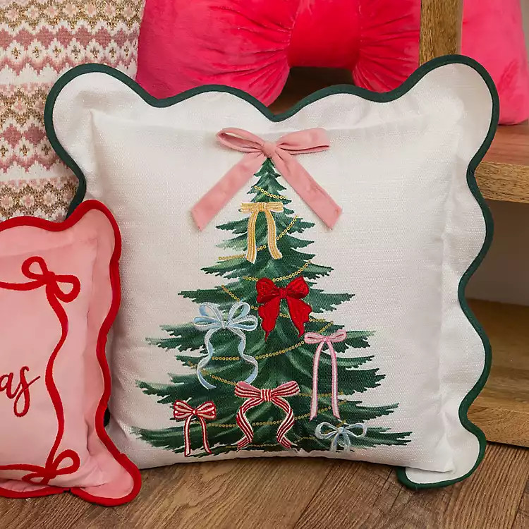New! Christmas Tree Bows Scalloped Pillow | Kirklands