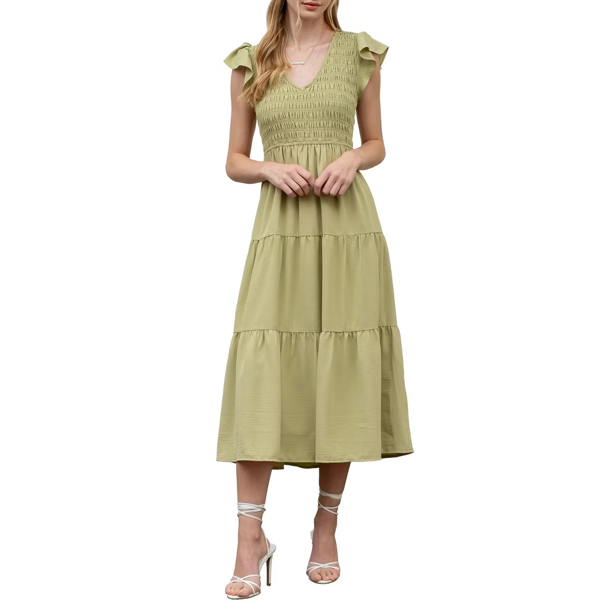 August Sky Women's V-neck Smocked Tiered Midi Dress | Target