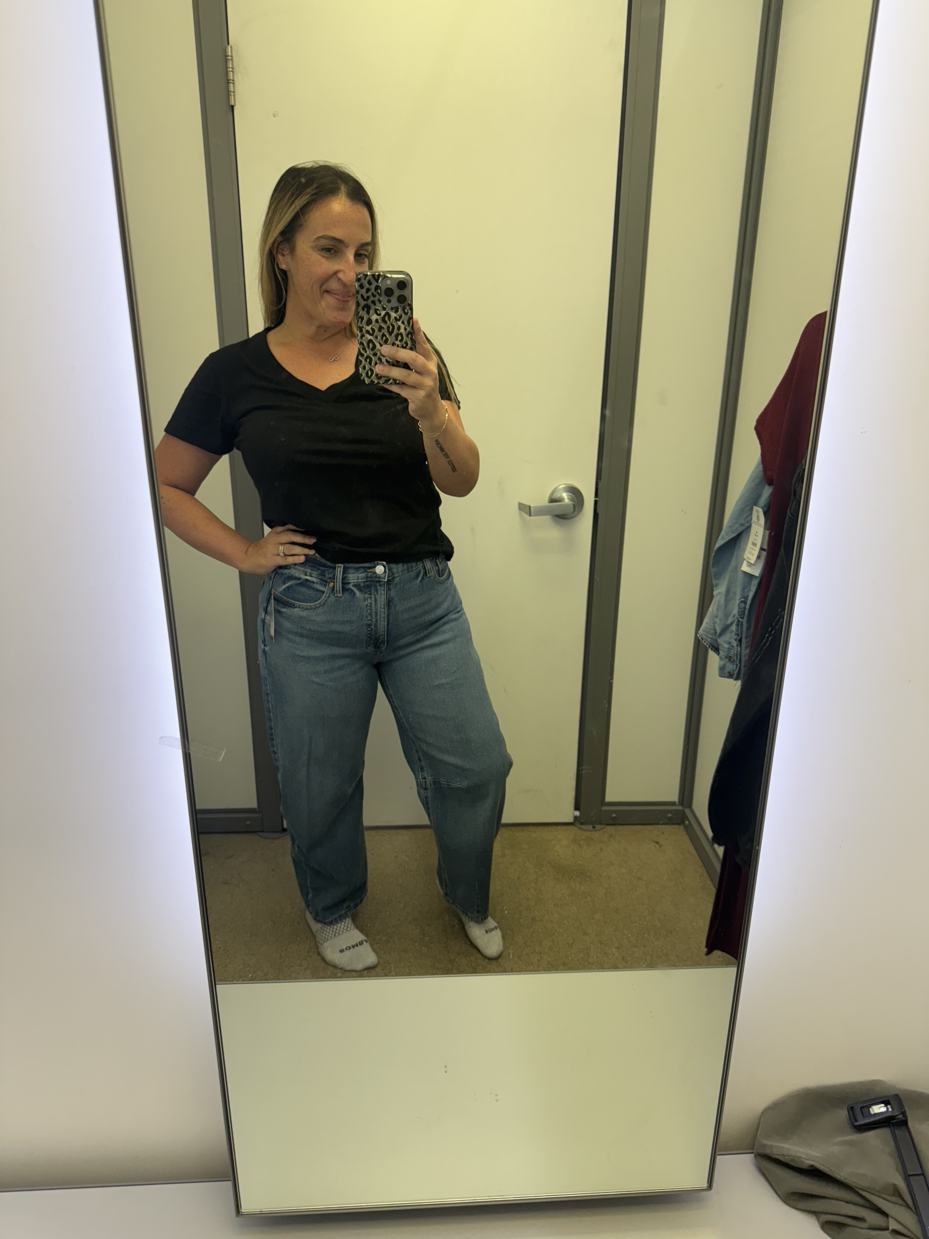 Really cute barrel jeans! They do run roomy, if you want a roomy fit go with true size. If not size down if in between. Im in a 10 and could do an 8. Tee is a medium. 

 #LTKOver40 #LTKFindsUnder50 #LTKStyleTip
