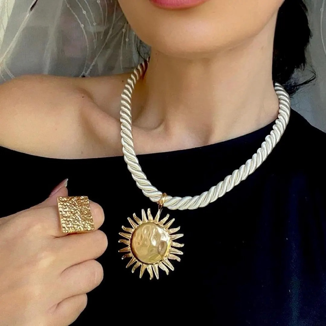 Large Gold Sun Charm Necklace | White Silk Braided Rope Necklace | Sunburst Necklace | Daily Summ... | Etsy (US)