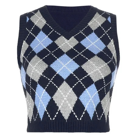 Tangnade tops for women Womens Casual Plaid Knitted Tank Top Knitwear Preppy Style V-Neck Vest Sweat | Walmart (US)