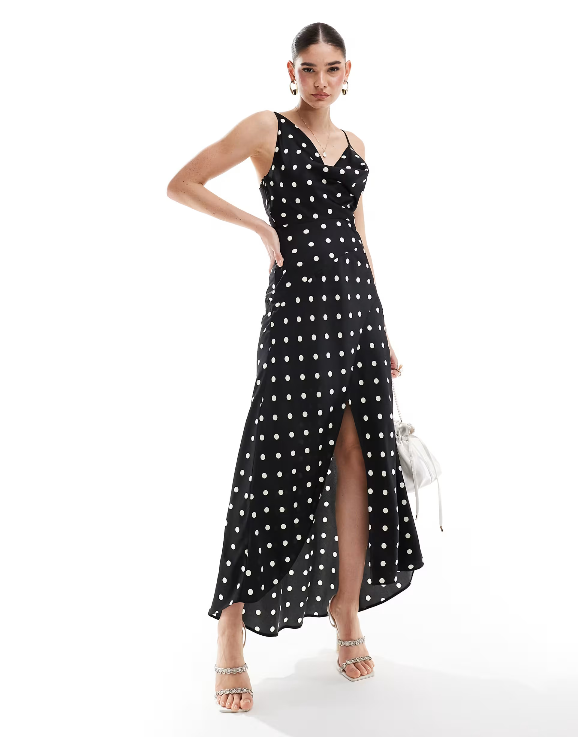 ASOS DESIGN satin cowl midaxi dress with cut out waist and graduated hem in polka dot | ASOS (Global)