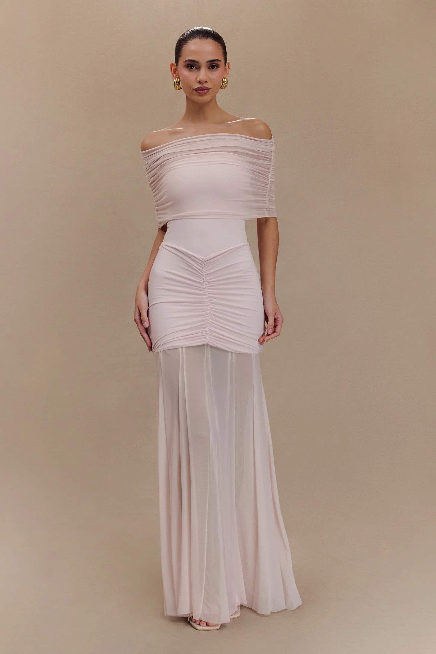 Caspian Slinky And Mesh Off Shoulder Maxi Dress - Pale Pink | Meshki UK