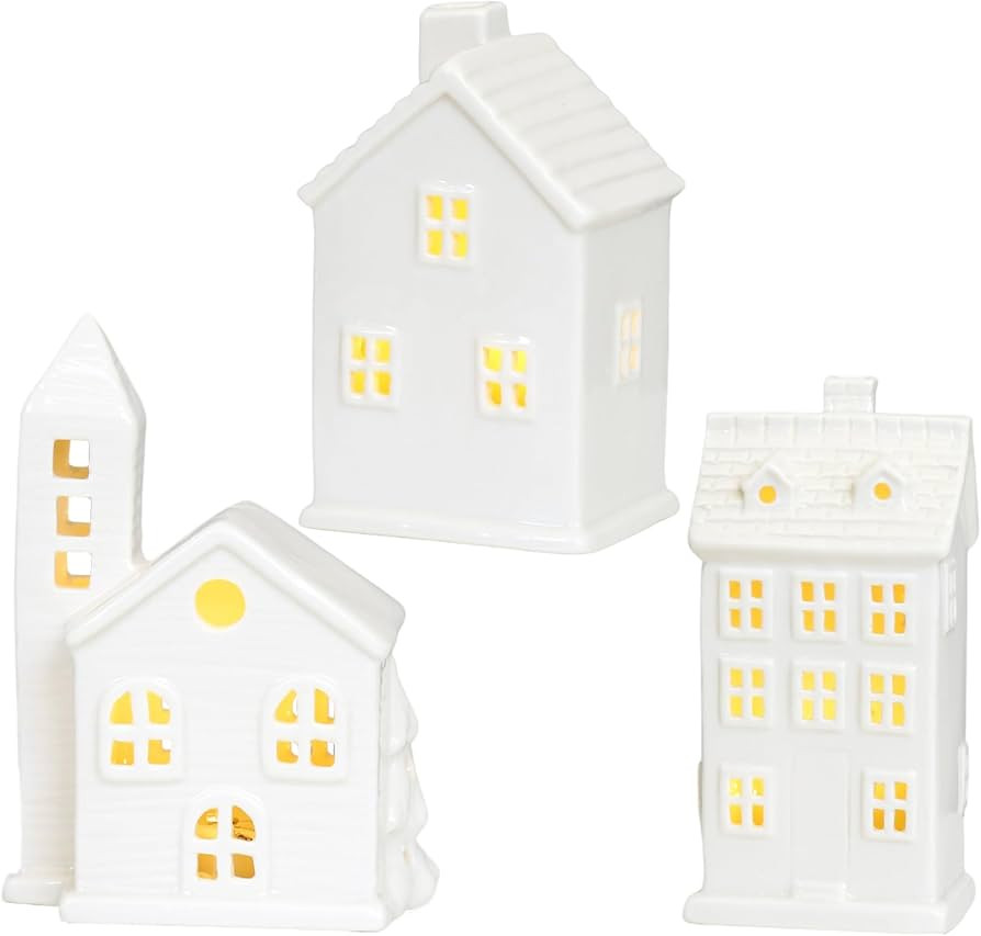 3Pcs Christmas Village Sets, White Ceramic Christmas Village House Porcelain LED Light Up Christm... | Amazon (CA)