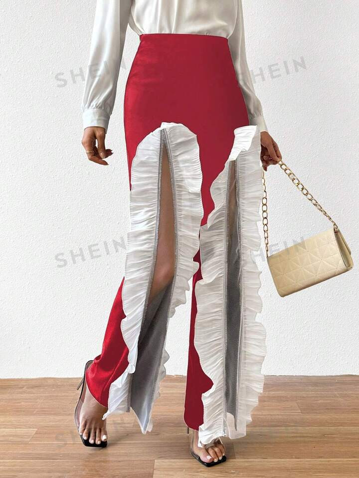 SHEIN SXY Women Fashionable Color Block Wide-Leg Pants With Ruffle Hem | SHEIN