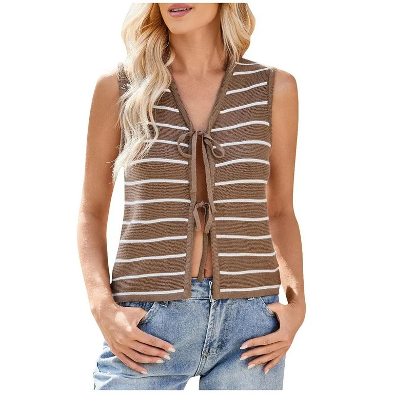 AherBiu Sweater Vests for Women Striped Bow-Tie Open Front Deep V Neck Sleeveless Knitted Summer ... | Walmart (US)