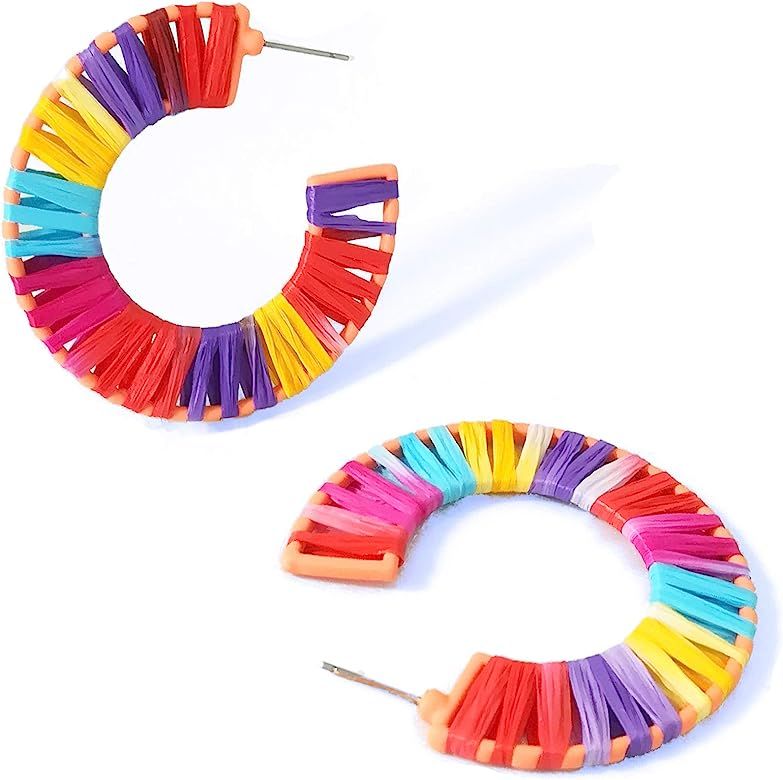 Geometric Octagon Hoop Earrings Raffia Handmade Earrings Statement Earrings for Women | Amazon (US)