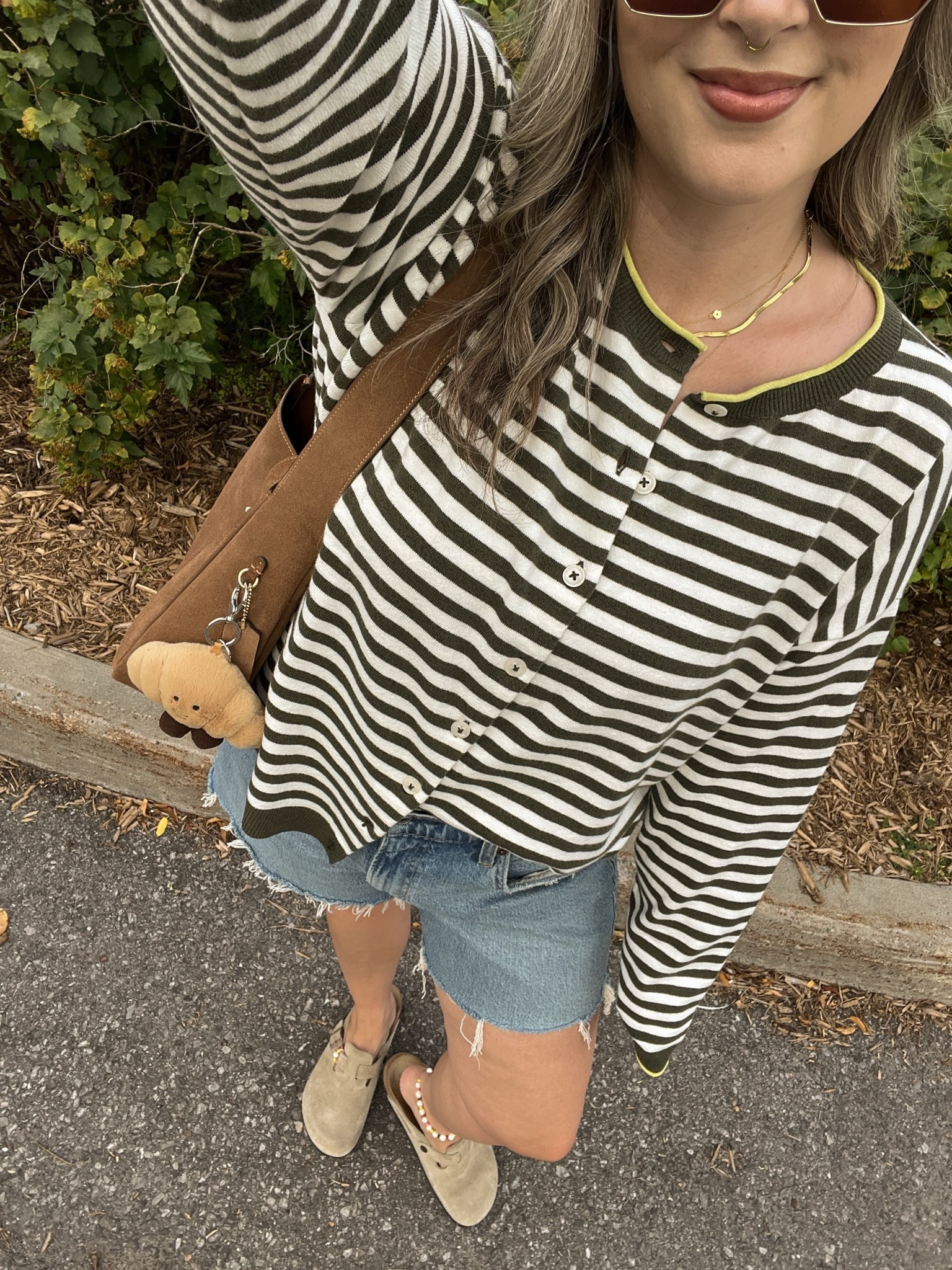 Early fall outfit! Wearing M in the striped cardigan. Sized up to 32 in the denim shorts for a baggy fit. I’m a 9.5-10 shoe and wear a 10 in the Birkenstock clogs

#LTKfall #LTKsale #LTKmidsize