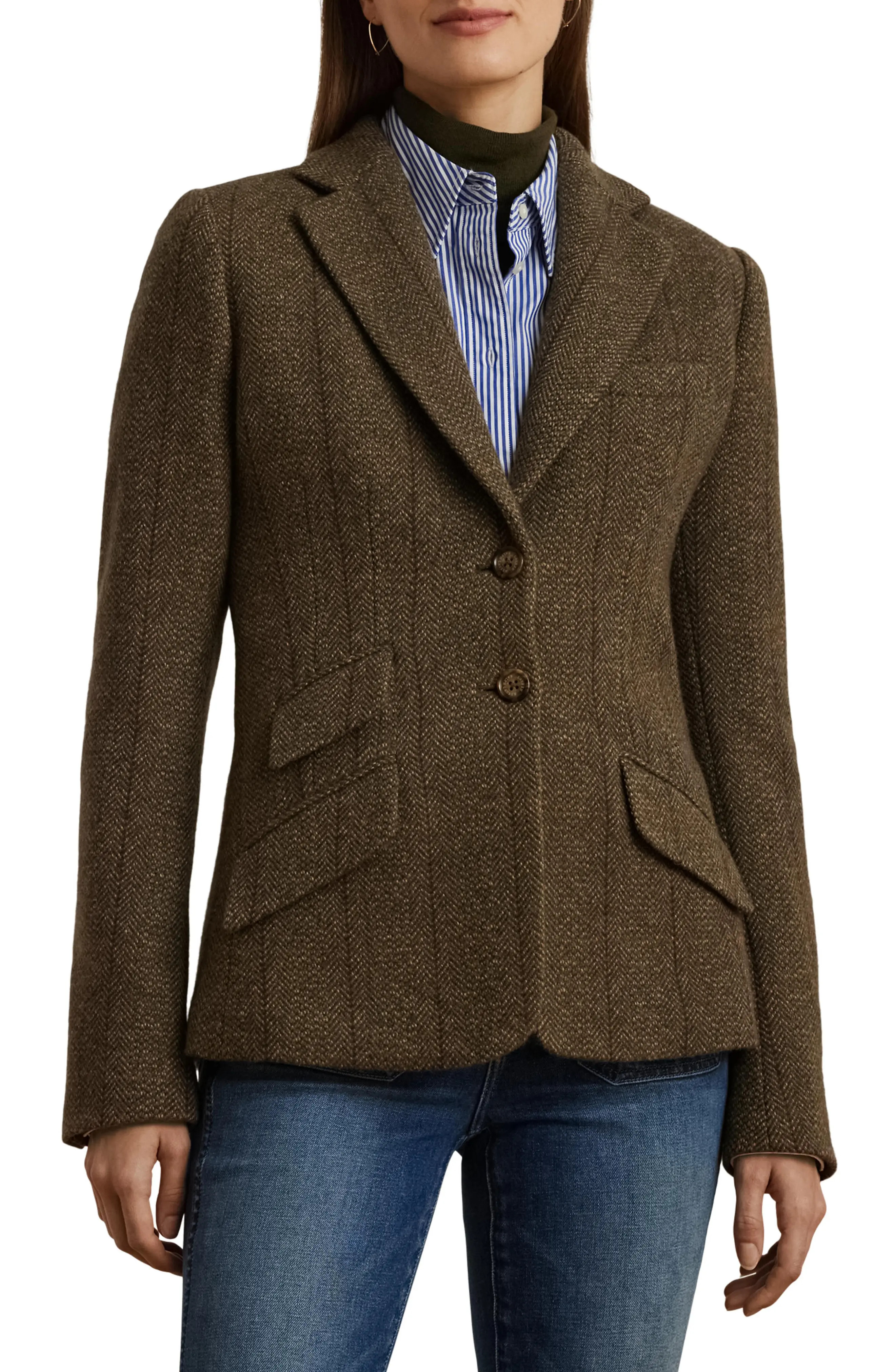 Lauren Ralph Lauren Rashill Wool Blend Herringbone Tweed Blazer in Olive Multi at Nordstrom, Size 4 | Nordstrom