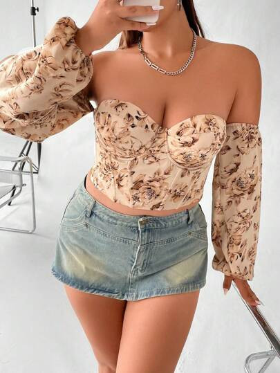 SHEIN Privé Plus Floral Print Off Shoulder Lantern Sleeve Bustier Crop Top | SHEIN
