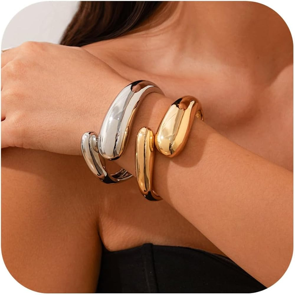 Gold Bangle Bracelets for Women Chunky Cuff Bracelet 18K Gold Plated Open Teardrop Bangle Set Wid... | Amazon (US)