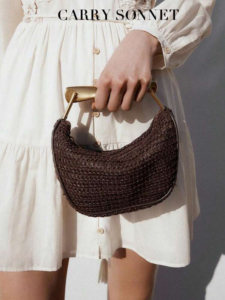 1pc Woven Bag, New Summer Design, Women Mini Crossbody Zipper Woven Bag, Straw Woven Small Casual Handbag With Metal Handle, Perfect Accessory For Women Beach, Vacation, Holiday | SHEIN
