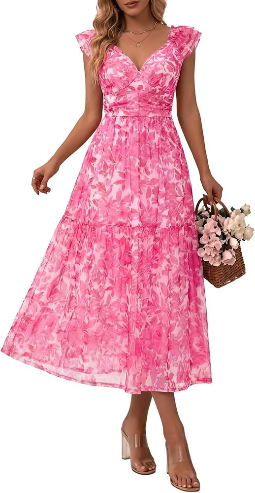 HUHOT Women's Stretchy Tulle Summer Midi Dress Ruffle Flowy Mesh Wedding Guest Sundress | Amazon (US)