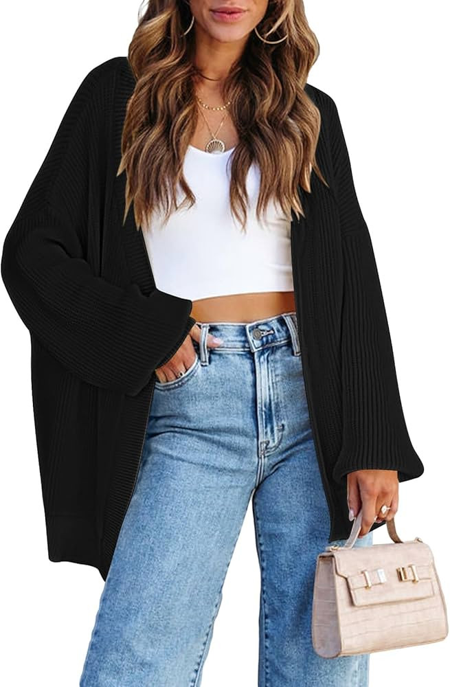 Pink Queen 2023 Fall Long Cardigans for Women Batwing Sleeve Open Front Ribbed Knit Oversized Car... | Amazon (US)