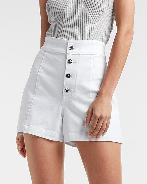 Super High Waisted White Shiny Button Fly Jean Shorts | Express