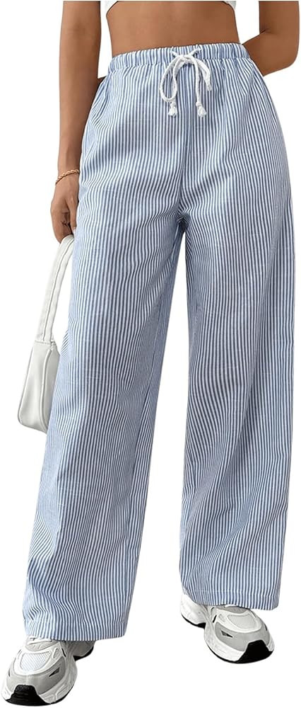 Women's Striped Print Straight Wide Leg Linen Pants Drawstring Waist Slant Pockets Pants Casual L... | Amazon (US)