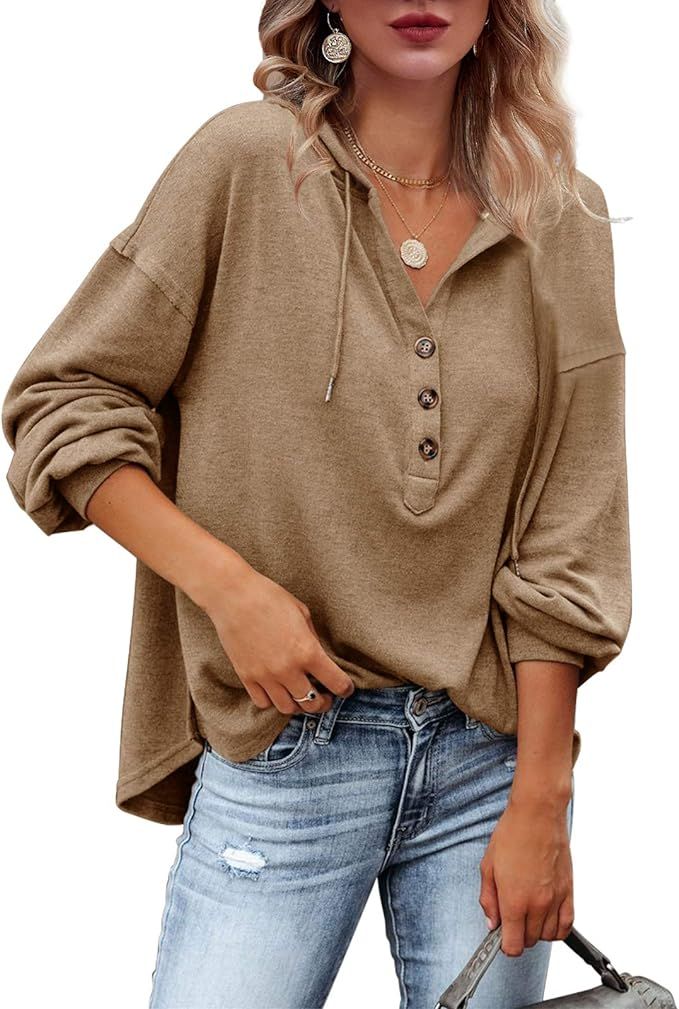 Tutorutor Womens Oversized Long Sleeve Sweatshirts Hoodies Pullover Tops Fashion V Neck Button Do... | Amazon (US)