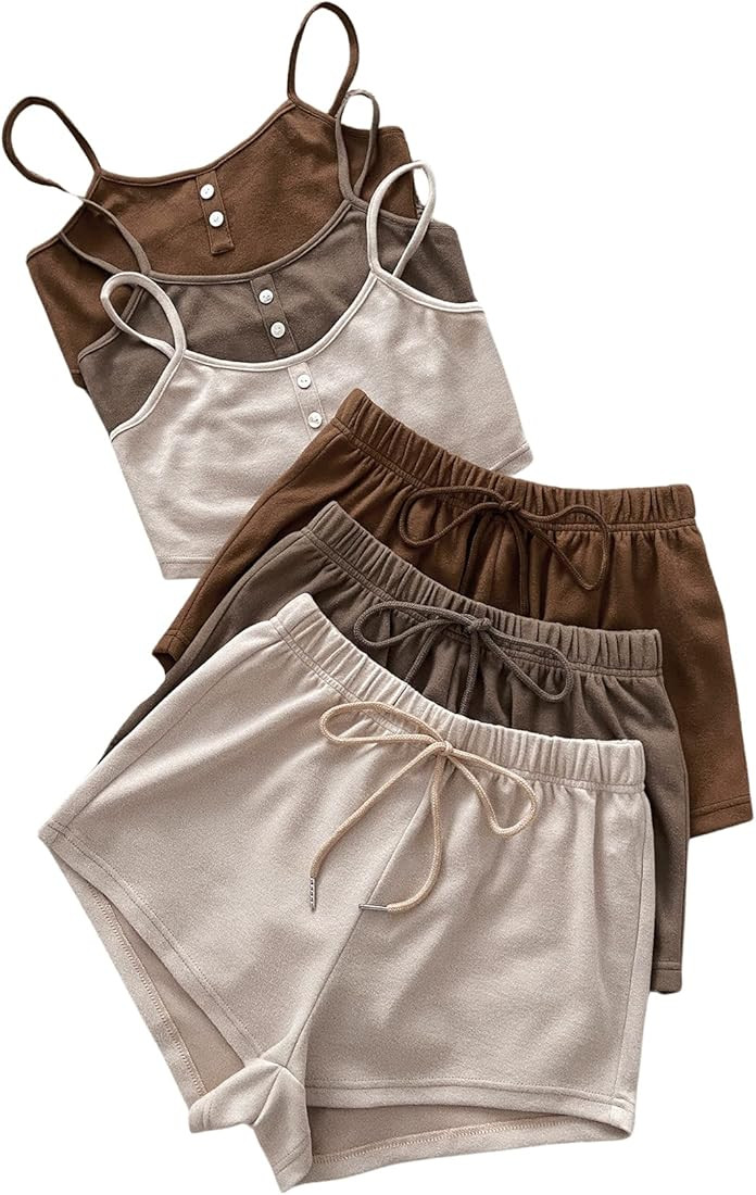 SheIn Women's 3 Sets Sleeveless Button Front Crop Tank Tops and Tie Front Shorts Sleepwear Lounge... | Amazon (US)