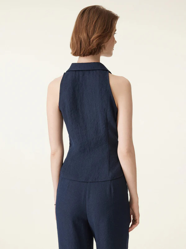 Collared V-neck Pleated Sleeveless Top with Drawstring | OGLmove