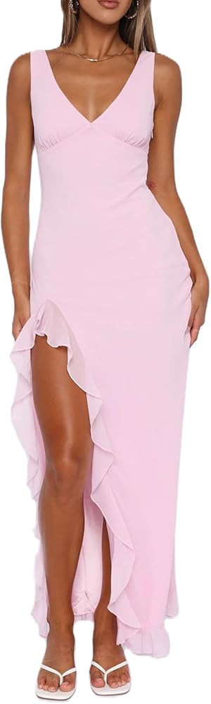 Women's Ruffle Maxi Dress Summer Y2k Sexy V Neck Backless Side High Split Hem Party Cocktail Maxi... | Amazon (US)