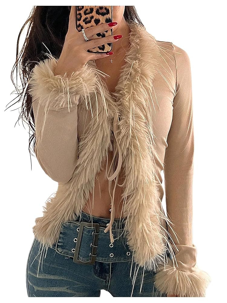 SOLY HUX Women's Faux Fur Fuzzy T Shirt V Neck Tie Open Front Long Sleeve Y2k Tops | Amazon (US)