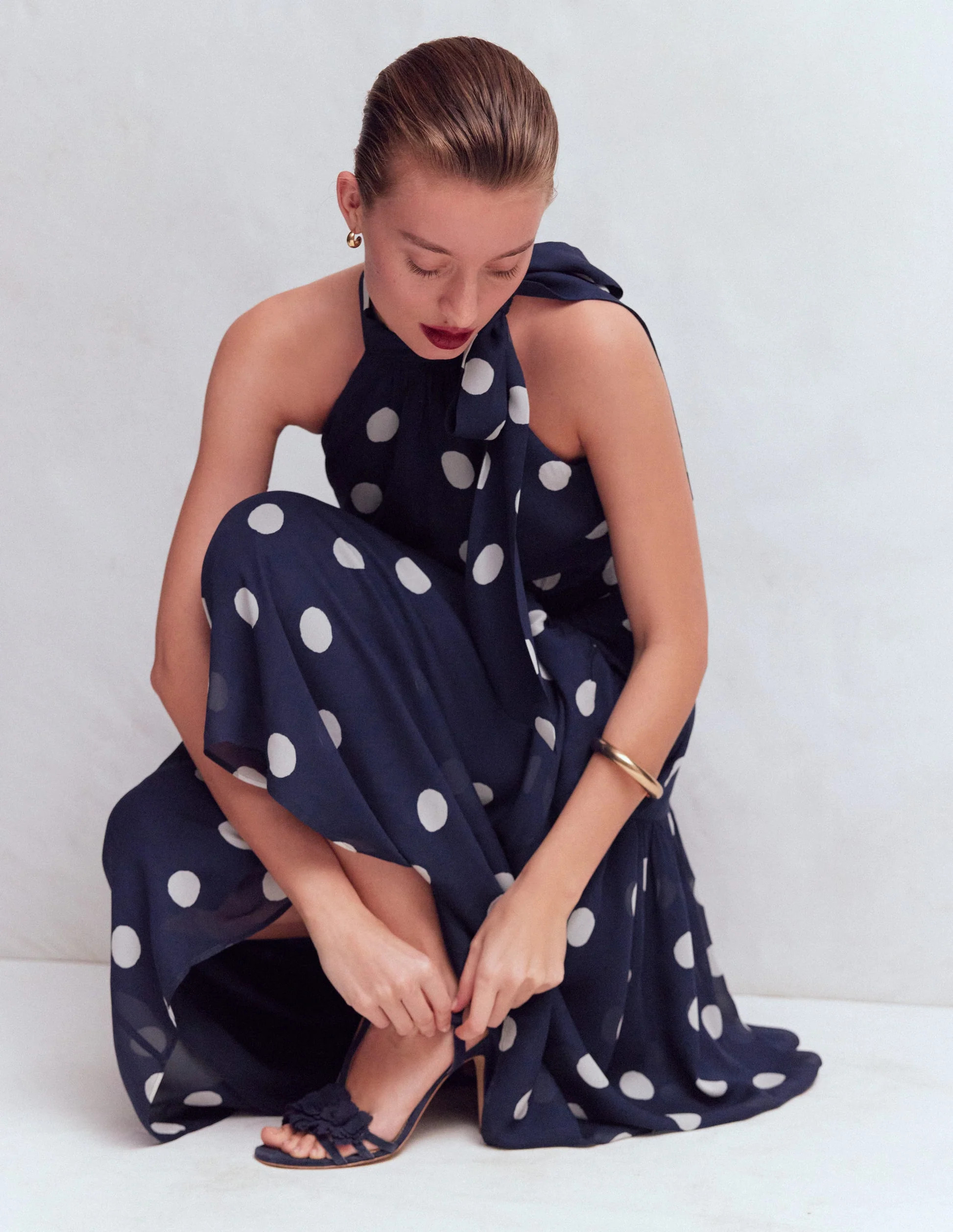 Roisin Tie Neck Maxi Dress-Navy Painted Dot Spaced | Boden UK