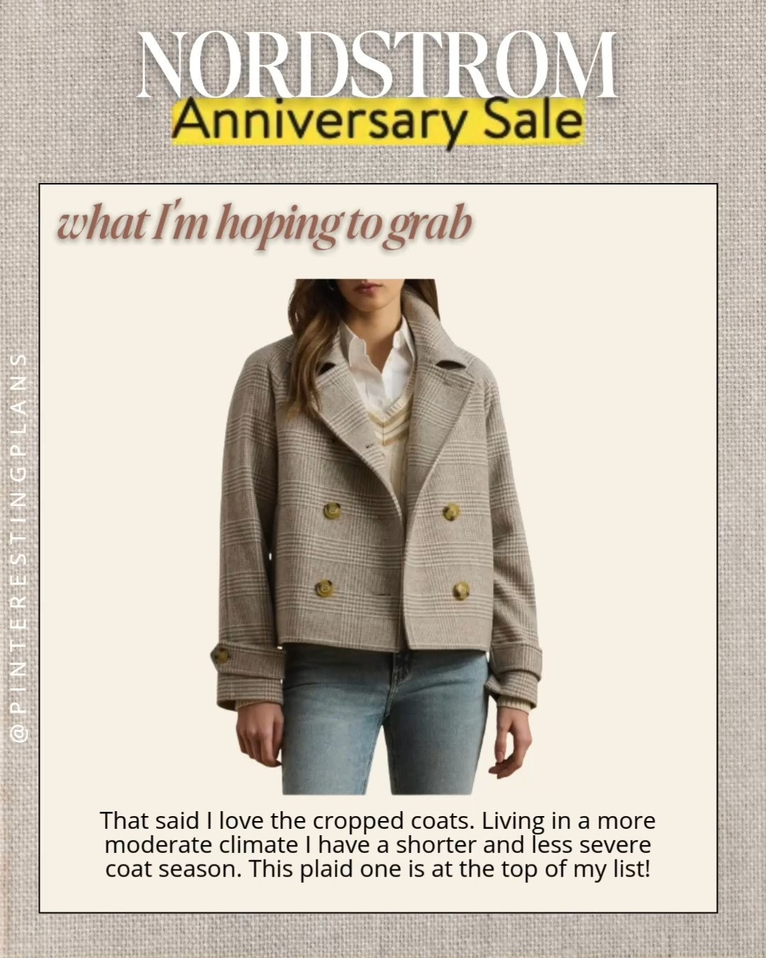 I love the cropped coats. Living in a more moderate climate, I have a shorter and less severe coat season. This plaid one is at the top of my list for the Nsale!

#LTKootd #LTKSeasonal #LTKSaleAlert