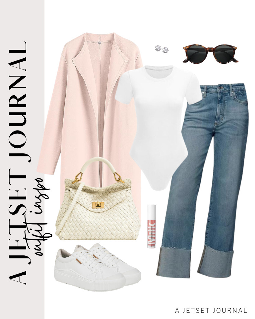 I’ve always been a fan of a white top like this crewneck bodysuit paired with wide-leg cuffed jeans and Dr. Scholl’s sneakers. You can top it off with a light apricot coat from ANRABESS and pop on your sunglasses. 

 #LTKSeasonal #LTKSaleAlert #LTKTravel