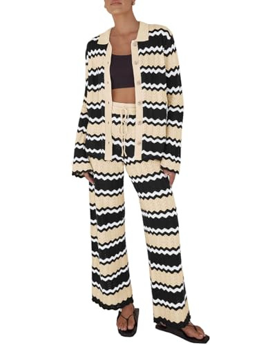 Tankaneo Womens 2 Piece Cover up Knit Outfits Striped Long Sleeve Cardigan Wide Leg Pants Matchin... | Amazon (US)