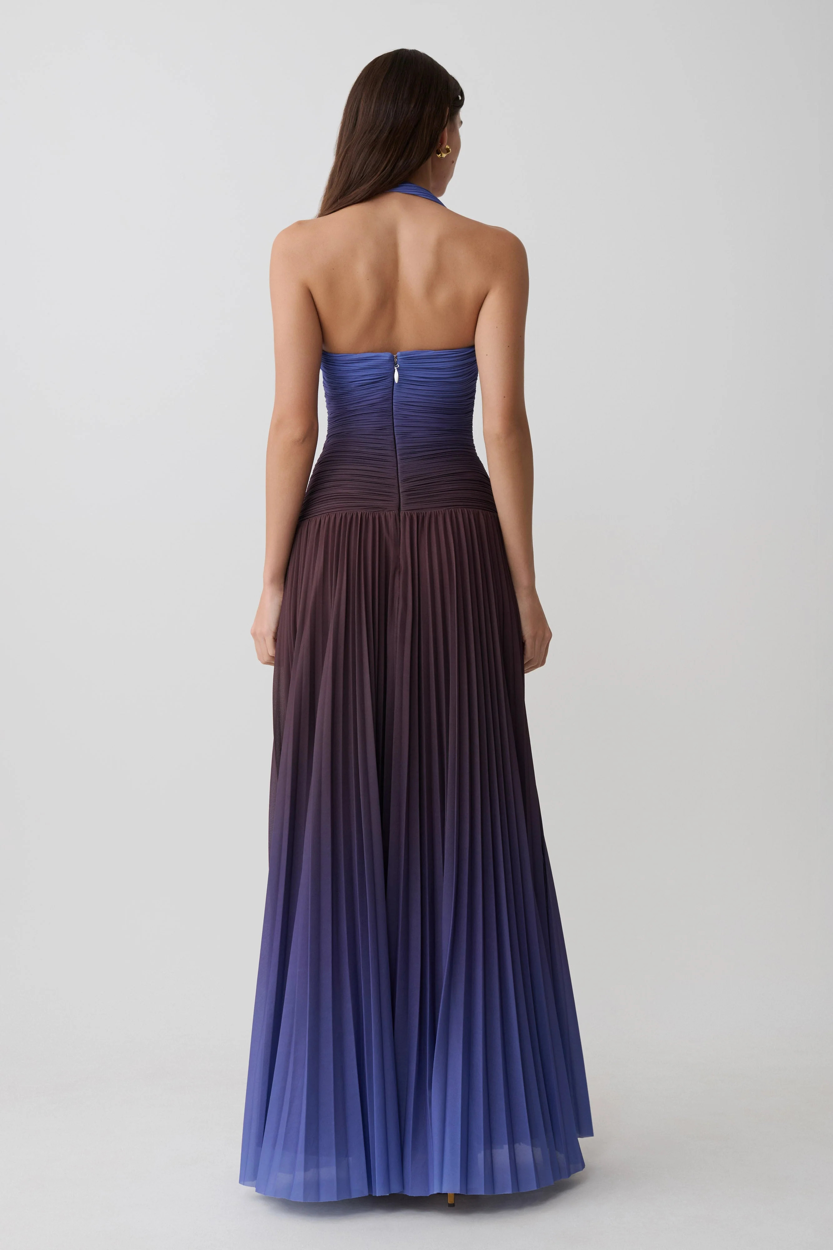 Azizi Pleated Halter Midi Dress - Chocolate & Blue Ombre Print | MESHKI US