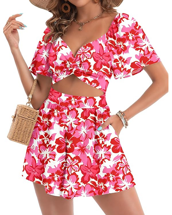 Womens Romper Summer Sexy V Neck Twist Puff Short Sleeve Casual Spring Mini Short Romper Jumpsuit | Amazon (US)