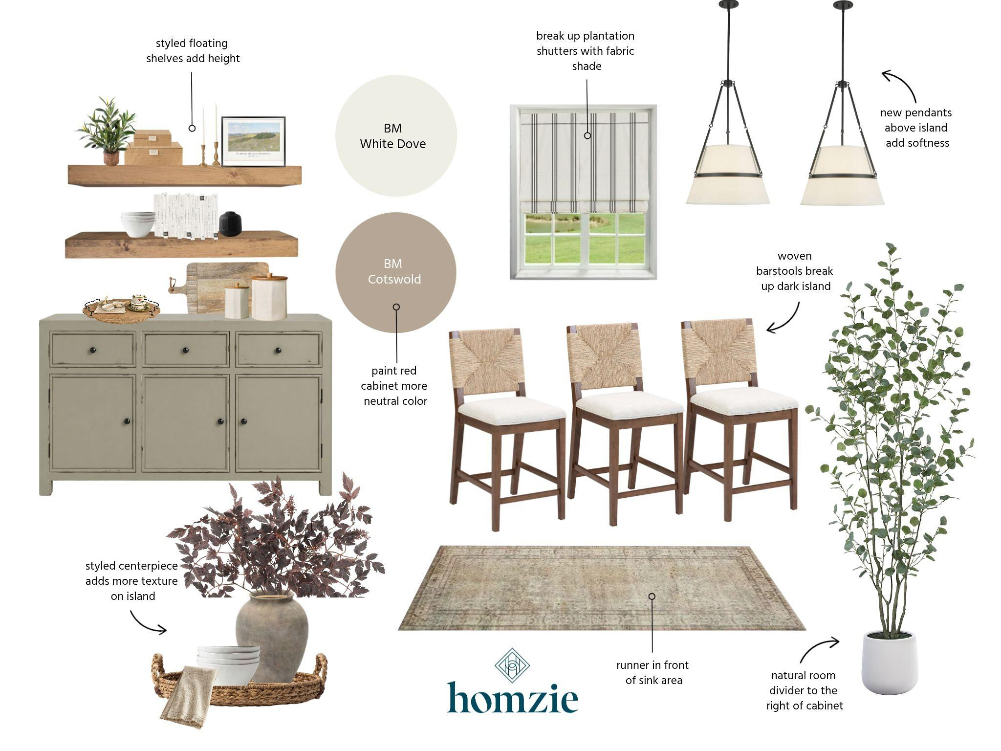 Thoughtful styling is what transforms a kitchen from functional to beautifully finished. 🤍✨

This design layers warm wood tones, soft neutrals, and natural textures to create an elevated everyday space. Woven counter stools, updated statement pendants, and Roman shades add warmth and softness, while floating wood shelves and a styled buffet bring both storage and personality. A vintage-inspired runner, fresh greenery, and simple countertop styling complete the look, proving it's the finishing touches that make a kitchen feel collected and inviting.

#LTKHome #KitchenStyling #KitchenDesign #NeutralHome #InteriorDesign #HomeDecor #KitchenInspo #TimelessStyle #LTKCreator 

 