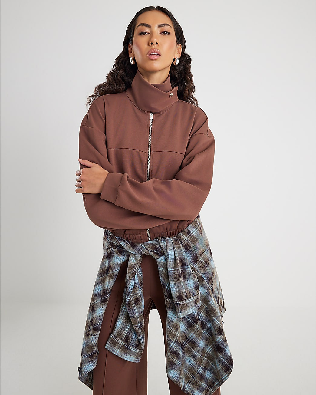 Brown Harrington Zip Bomber Jacket | River Island UK & IE